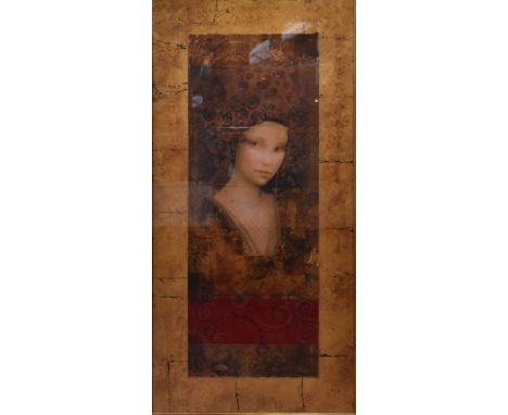 CSABA MARKUS (Hungarian, born 1953); a signed limited edition hand embellished serigraph, portrait of a young lady in elabora