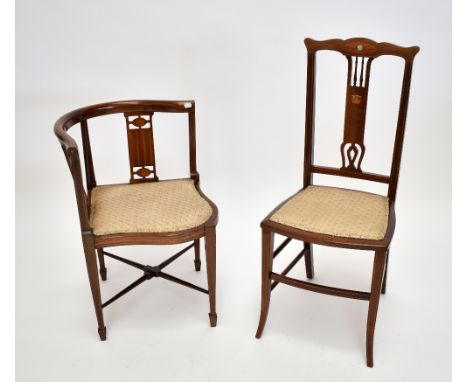 An Edwardian mahogany and inlaid hall chair with mother of pearl detail and a similar chair with floral upholstered seats (2)