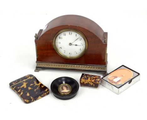 A mixed group of items to include a tortoiseshell card case, a tortoiseshell stud decorated trinket box, a hand painted minia