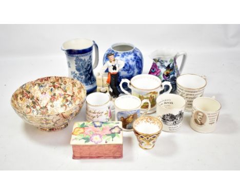 A small group of ceramics including Losol Ware 'Shanghai' pattern jug and 'Cavendish' pattern ginger jar (lacking lid), a twi