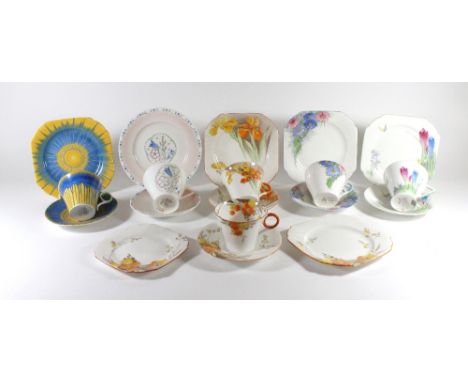 SHELLEY; six Art Deco trios of various shapes and patterns including two 'Eve' shape examples pattern numbers 11952 and 12559