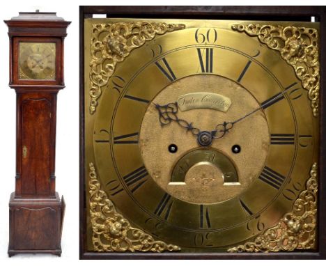 An early George III pollard oak eight day longcase clock, the caddy top above 12 inch brass dial inscribed 'Foden, Congleton'