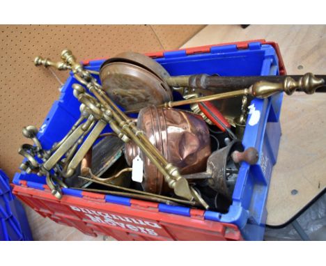 A quantity of metalware including brass fire tools, copper kettle, warming pan, etc.