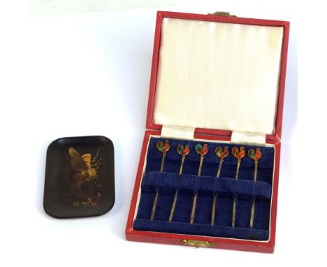 A cased set of six George V hallmarked silver and enamel decorated cocktail sticks, each with cockerel terminals, Birmingham 