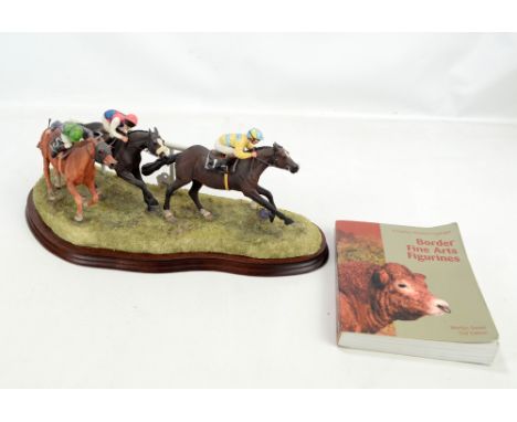 BORDER FINE ARTS; 'On The Rails' horse and jockey figure group modelled by Anne Wall, no. B0655, length approx 46cm, on shape