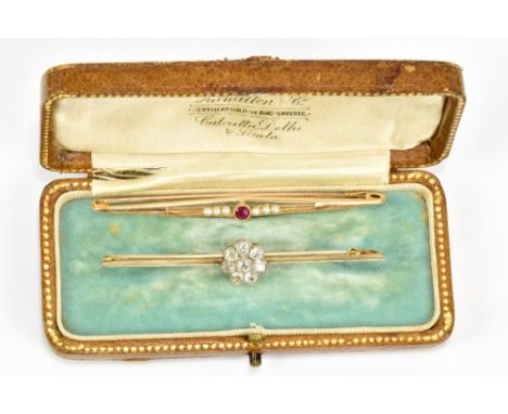An unmarked diamond flower head bar brooch, length 6.3cm and a yellow metal bar brooch set with cultured pearls and centred w