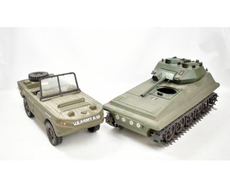 CHERILEA TOYS; a model army Jeep with decals and an unbranded tank with 'Action Man Transport Command' sticker to reverse, bo