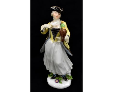 MEISSEN; a mid-18th century figure of the lady falconer modelled by J. F. Eberlein circa 1745, painted blue crossed swords ma