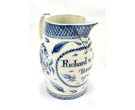 A good and large late 18th century pearlware jug inscribed 'Richard &amp; Jenney Turner, 1795', height 21cm.Additional Inform