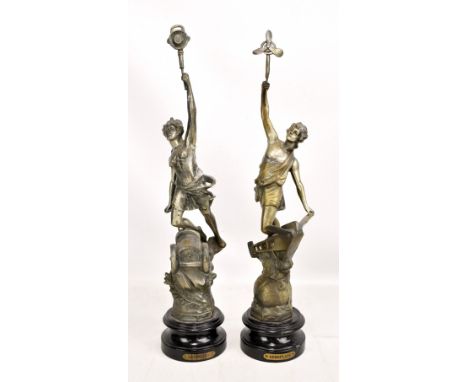 A pair of bronzed metal figures, 'Automobile' and 'Aeroplane', both on turned circular bases, height of each approx 52cm (2).