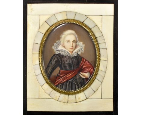 A portrait miniature watercolour on ivory depicting a young lady in formal dress, signed with monogram 'R.B', 8 x 6.3cm, in g