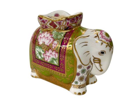 Royal Crown Derby Mother Indian elephant paperweight, gold stopper, 11cm.