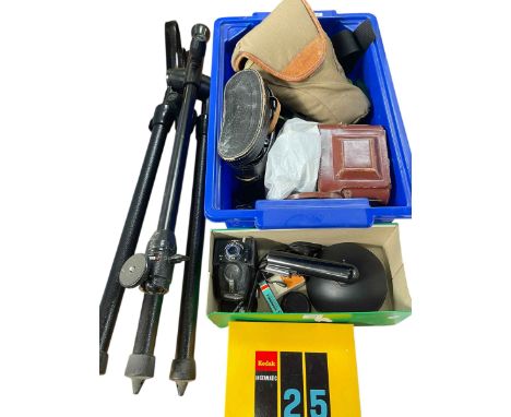 Cameras including Zeiss, Contessa and Canon T70, binoculars, tripod and accessories.