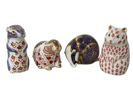 Four Royal Crown Derby paperweights, Badger, Beaver, Chipmunk and Hamster.