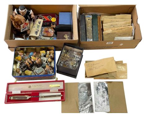 Cigarette and tea cards, cased silver marrow scoop, vintage razors, Ty bear, pocket balance scale, two signed photographs, co