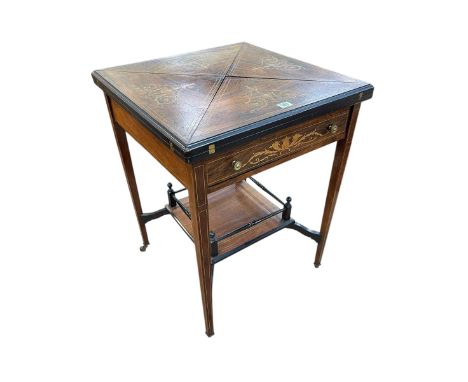 Late Victorian inlaid rosewood envelope card table having frieze drawer and undershelf on square tapering legs, 74cm x 55.5cm