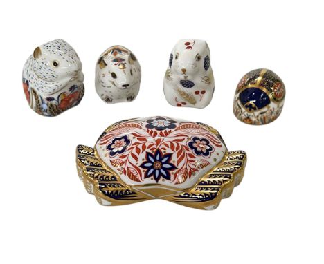Five Royal Crown Derby paperweights, Imari Crab, gold stopper 11.5 cm across, Beetle and three Mice.