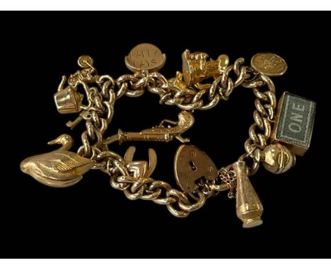 9ct gold charm bracelet with 15 charms.