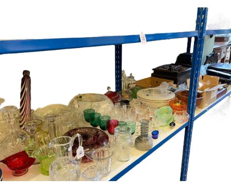 Collection of glass including ceiling lights, decanters etc, cased cutlery, jelly mould etc.