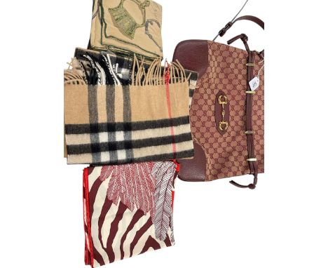Designer bag with Gucci internal label, Burberry style scarf and two marked Hermes scarves.