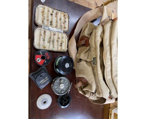 Brady Salmon fishing bag, reels and Hardy fishing flies.