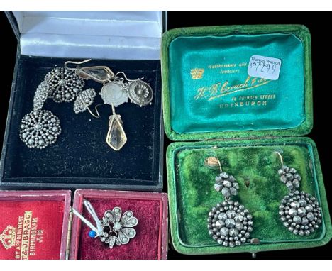 Two pairs antique cut steel earrings, other earrings and pearl and diamond pendant (5).