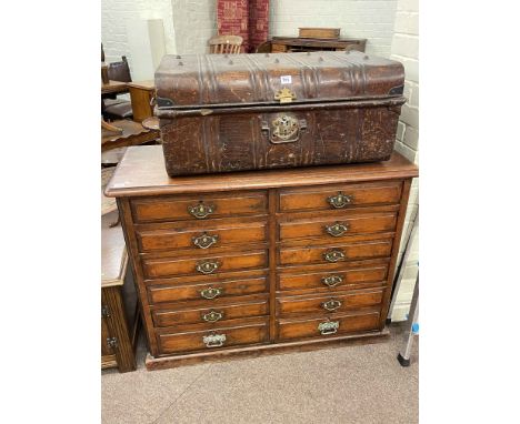 Late Victorian pitch pine twelve drawer chest and tine trunk (2).