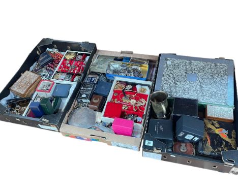 Three boxes of costume jewellery, silver backed mirror, collectables etc.