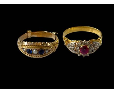Sapphire and seed pearl 9ct gold ring and gem set ring (2).