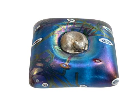 John Ditchfield Glassform paperweight with inset curled silver cat.