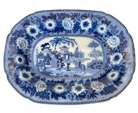 19th Century blue and white Zebra platter, probably John Rogers, 37cm across.