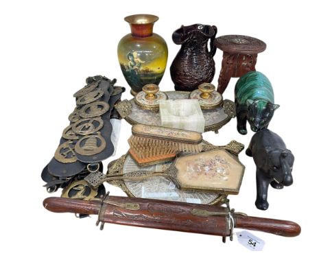Collection of horse brasses, petit point dressing table ware, carved wood Indian plant stand etc.