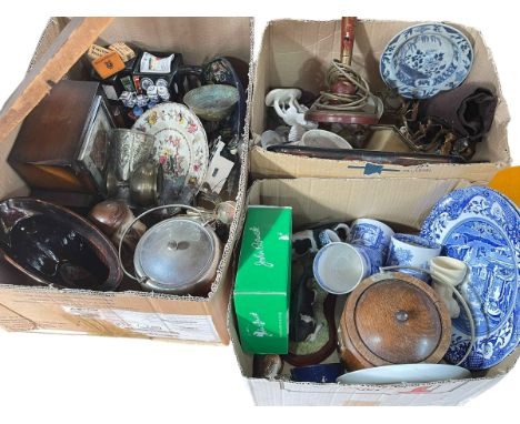 Three boxes of assorted china including Spode Italian, Border Fine Arts Chewing the Cud, novelty teapot, mantel clock, Chinos