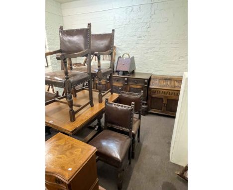 Siesta oak eight piece dining suite, comprising carved three-door sideboard, draw leaf dining table and six hide chairs inclu