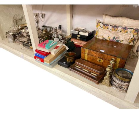 Collection of metal wares including cutlery, teapot, tankards etc together with inlaid writing box.