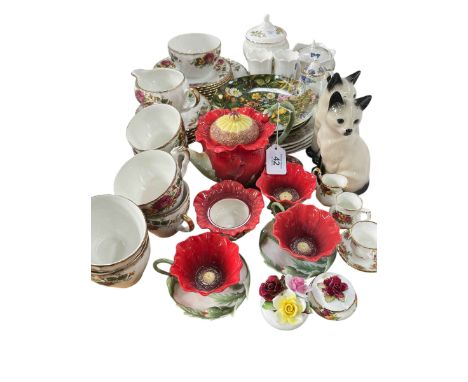 Franz porcelain poppy teaware, English rose tea set and other china.