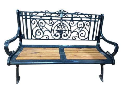 Cast and pine wood slat garden bench, 86cm x 130cm. 