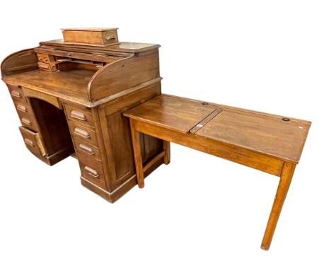 Early 20th Century Lebus oak twin pedestal roll top desk, child's double school desk and small pine box (3).