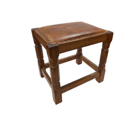 Yorkshire School 1960's oak and studded hide stool, 40xm x 39.5cm x 32cm.