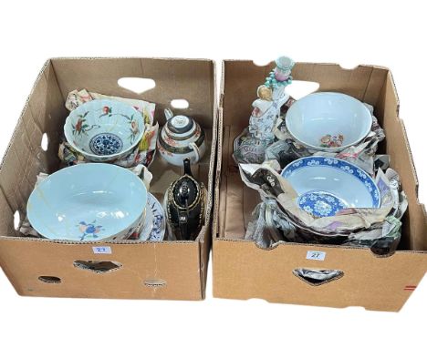 Two boxes of china including Imari pieces.