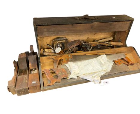 Collection of tools including vintage planes, chisels etc.