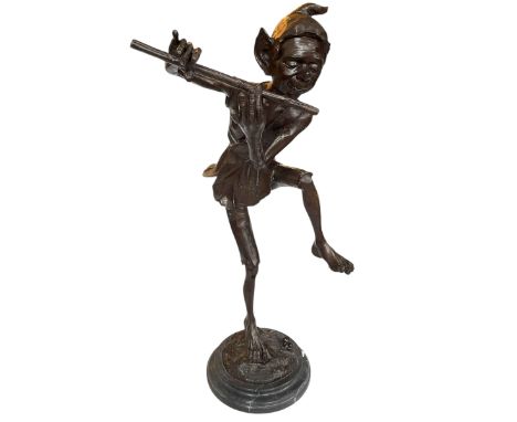Ornate bronze pixie playing a flute on marble base, 78cm high.