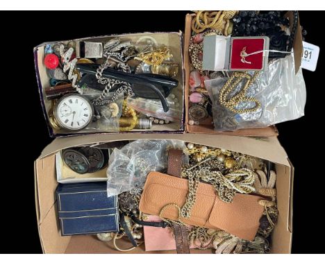 Box of jewellery with silver pocket watch and silver Alberts.