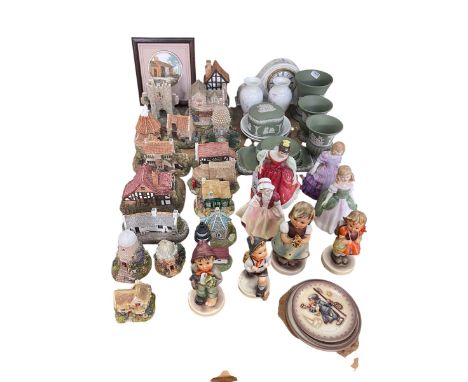 Liliput Lane cottages, four Royal Doulton and four Hummel figures, Wedgwood green Jasper ware etc.