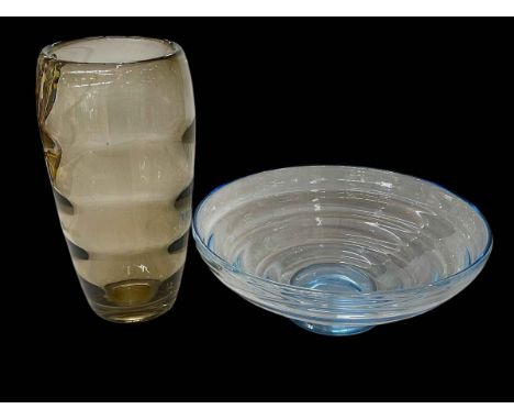 Orrefors blue glass bowl, 32cm dia and Kosta smokey vase (2).