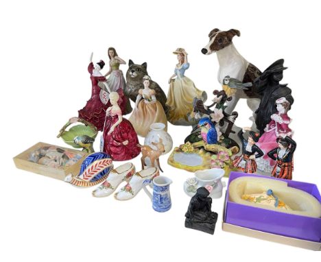 Collection of decorative china, including Beswick cat, Royal Crown Derby snail, pin cushion ladies etc.