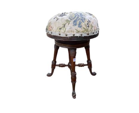 Oak nest of three barley twist leg tables and Victorian revolving piano stool.