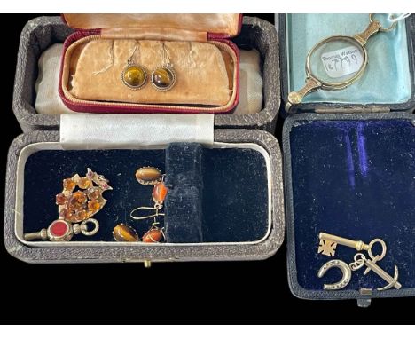 Antique lorgnette, novelty watch keys, gold tigers eye earrings and citrine pendant etc.