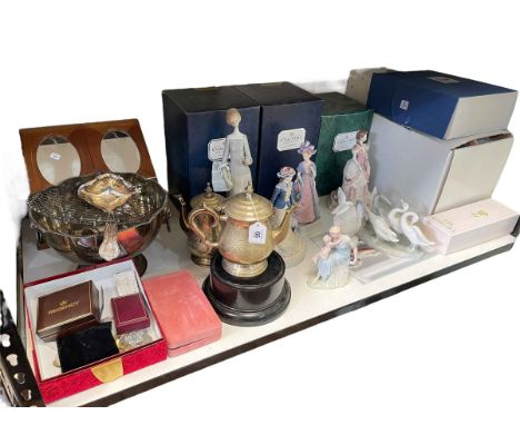 Boxed Coalport and Lladro pieces, EP punch bowl and ladle, jewellery etc.