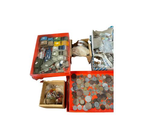 Collectables including four boxes of Dinky models, Hornby railway, coins, stamps, cards etc.